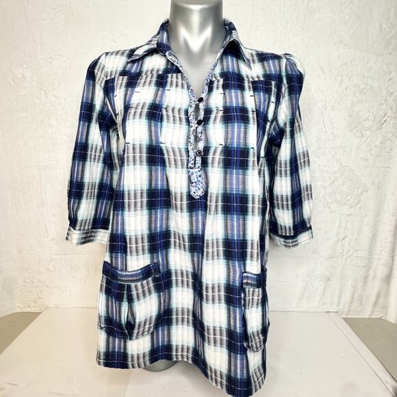 Vintage DCC Missy Casual Women Blue White Plaid Sz Medium 100% Cotton Pockets - Picture 11 of 16